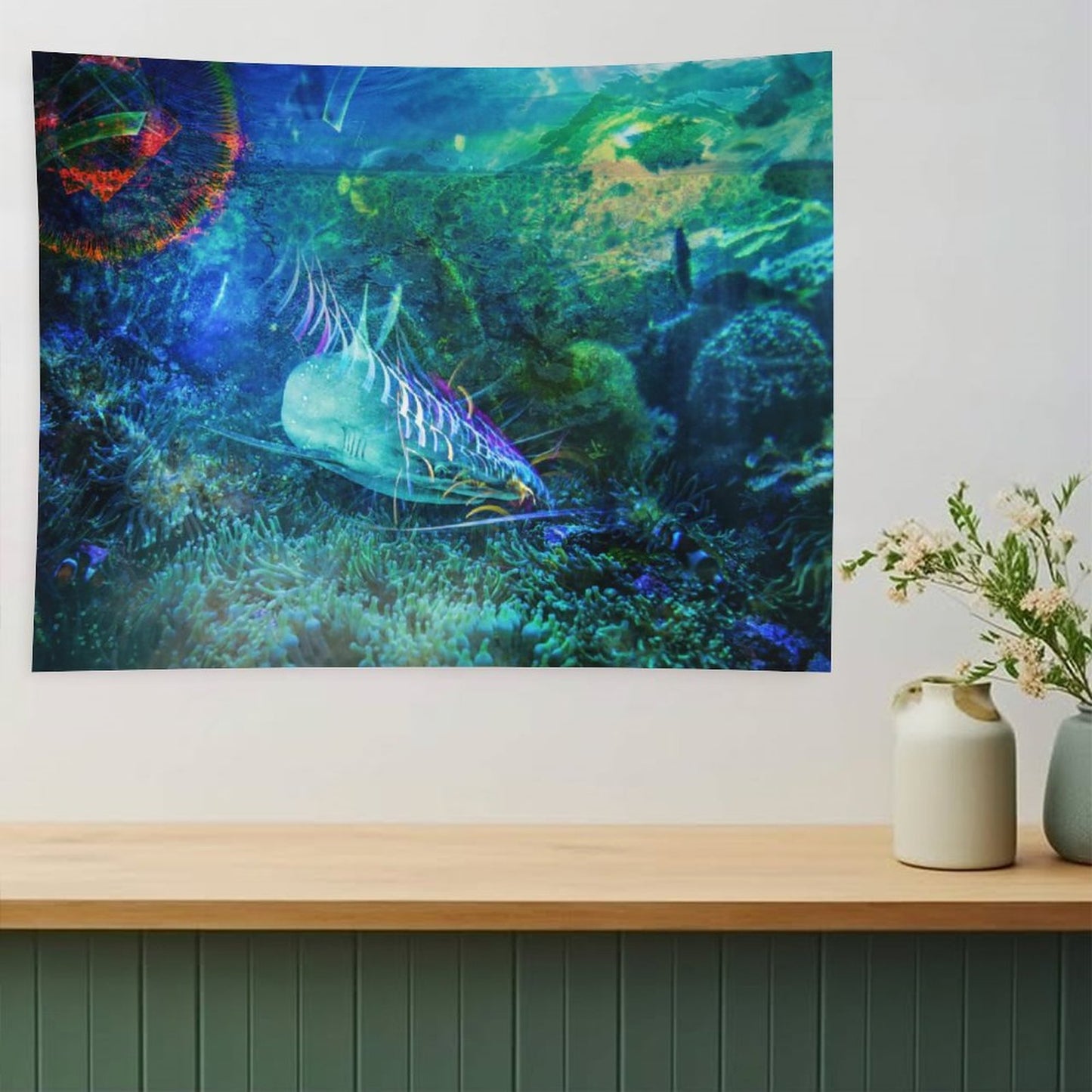 The Blue Meadow psychedelic tapestry, a reef floor in teal and green with a long patterned fish moving over the coral