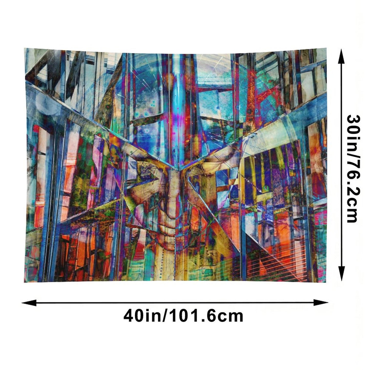 The Fold psychedelic tapestry, a mirrored urban corridor folded into kaleidoscope with stained glass color