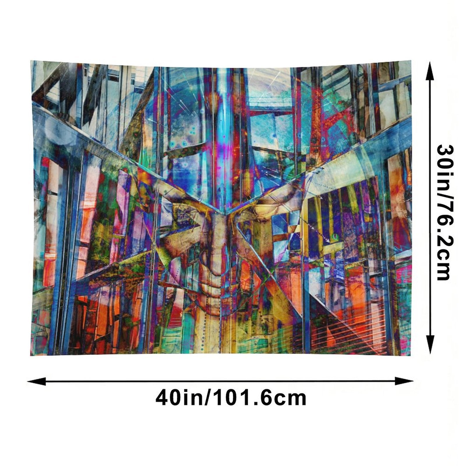The Fold psychedelic tapestry, a mirrored urban corridor folded into kaleidoscope with stained glass color