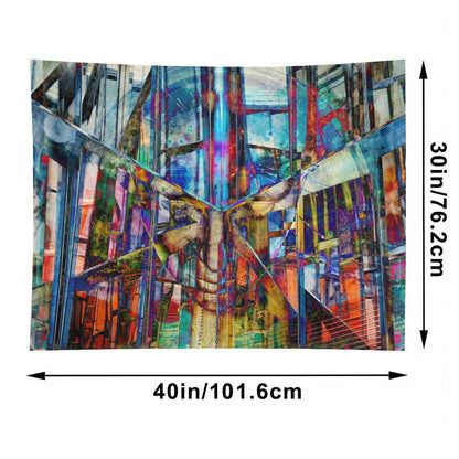 The Fold psychedelic tapestry, a mirrored urban corridor folded into kaleidoscope with stained glass color