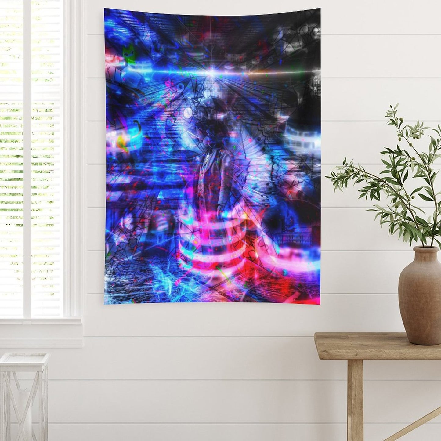 Butterfly Futures psychedelic tapestry, a radiant figure in blue and magenta with light bursting outward in bands