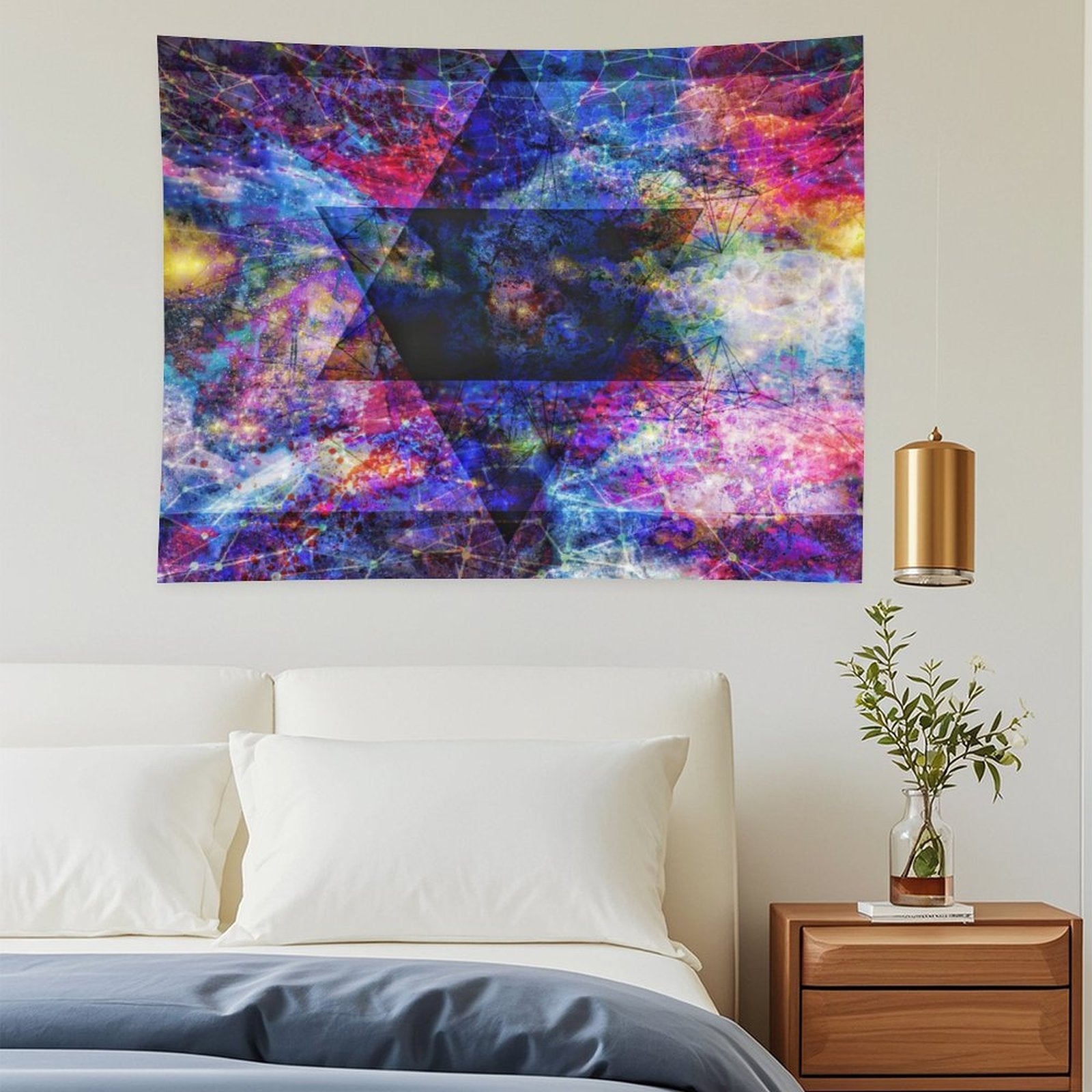 As Above psychedelic tapestry, interlocked hexagram geometry laid over a magenta and gold nebula