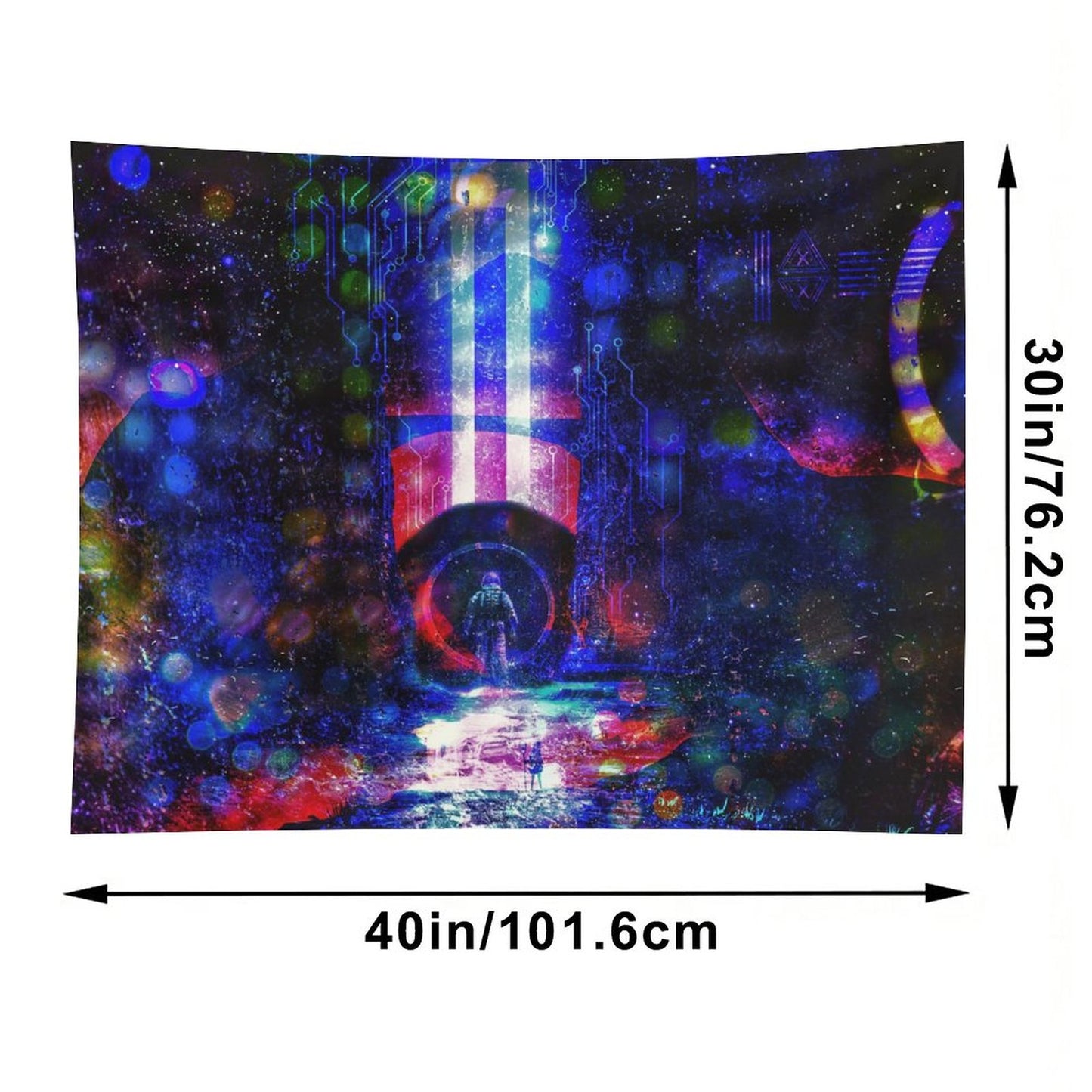Circuit Vigil psychedelic tapestry, a lone figure on a wet neon street before a blue and crimson monolith in a circuit starfield
