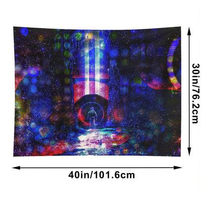Circuit Vigil psychedelic tapestry, a lone figure on a wet neon street before a blue and crimson monolith in a circuit starfield