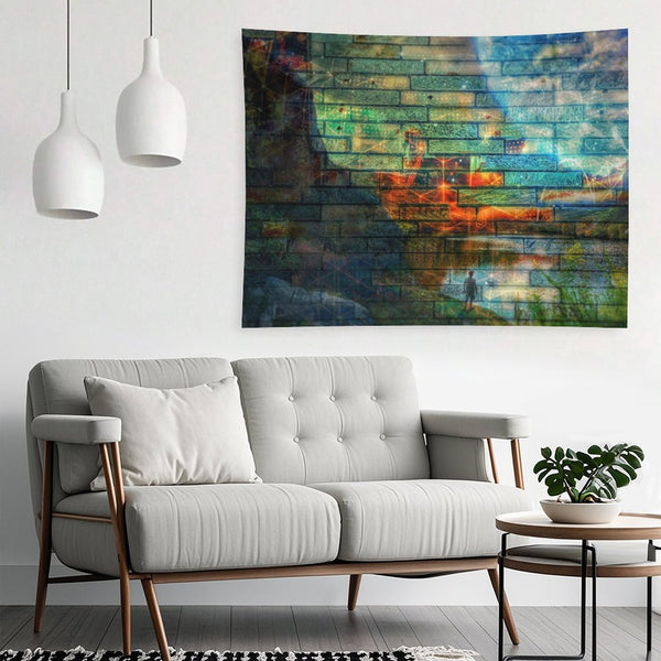 Wall of Days psychedelic tapestry, a long brick and stone wall with a glowing orange seam and one small figure at its base