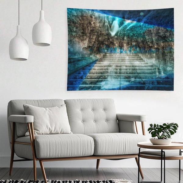 Distant Traveller psychedelic tapestry, a wide stair rising into a cavern with a waterfall and cold blue light overhead