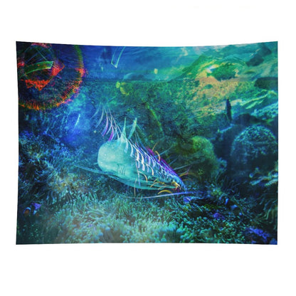 The Blue Meadow psychedelic tapestry, a reef floor in teal and green with a long patterned fish moving over the coral