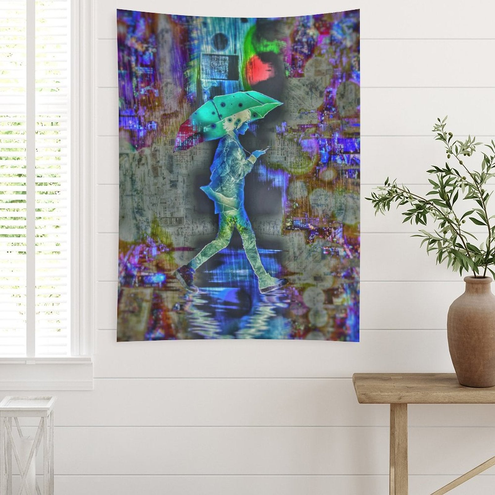 Rainy Days psychedelic tapestry, a figure with a teal umbrella crossing a flooded street over a collaged newsprint ground