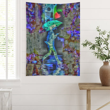Rainy Days psychedelic tapestry, a figure with a teal umbrella crossing a flooded street over a collaged newsprint ground