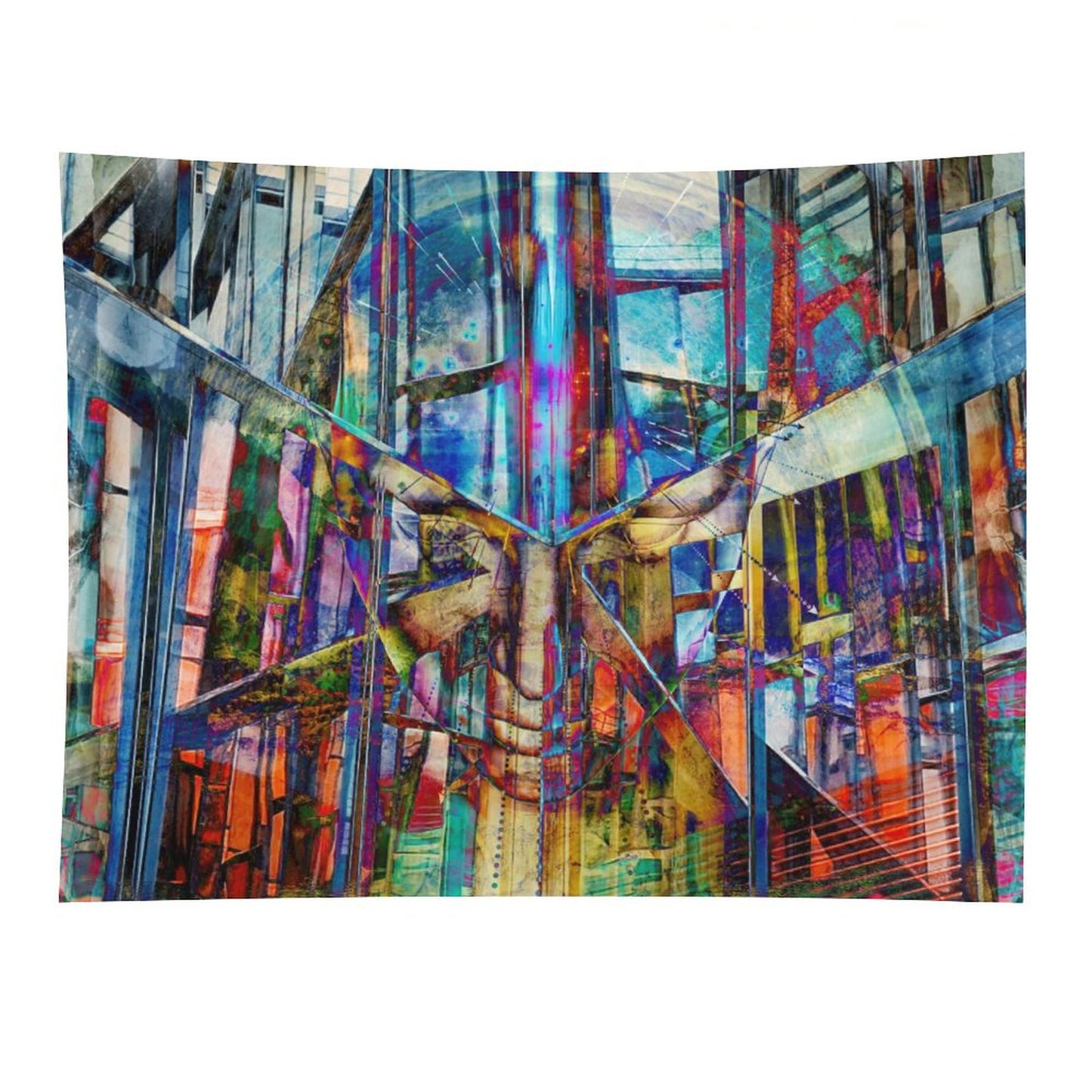 The Fold psychedelic tapestry, a mirrored urban corridor folded into kaleidoscope with stained glass color