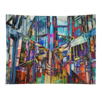The Fold psychedelic tapestry, a mirrored urban corridor folded into kaleidoscope with stained glass color