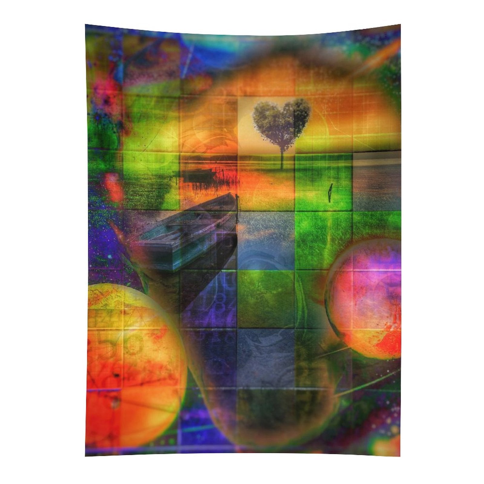 Heart Field psychedelic tapestry, a quilted grid of green and orange panels with a heart shaped tree and two planets