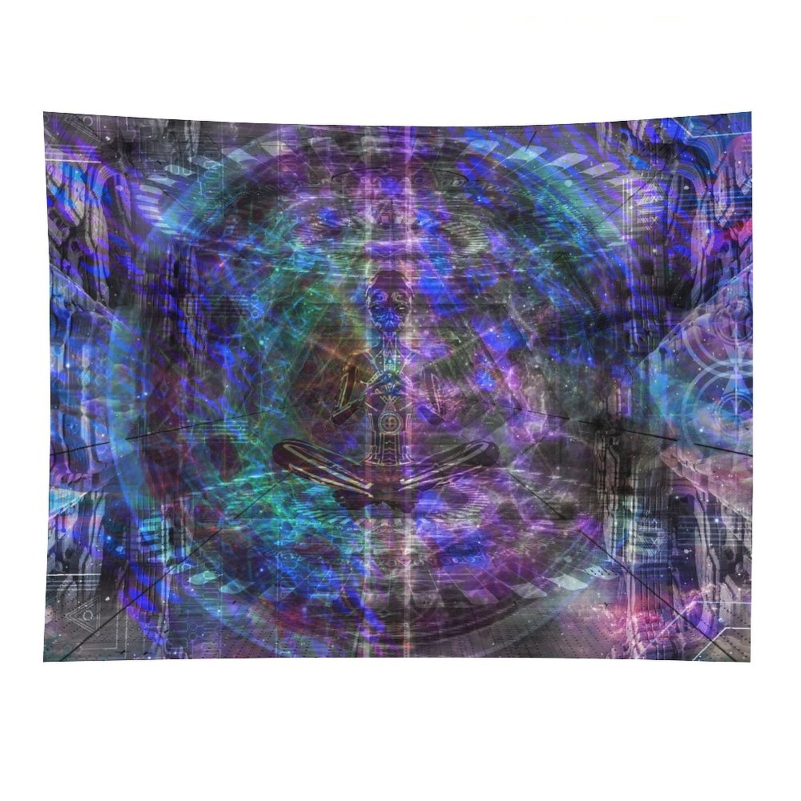 Still Point psychedelic tapestry, a seated figure at the center of a vast concentric mandala drawn like a blueprint