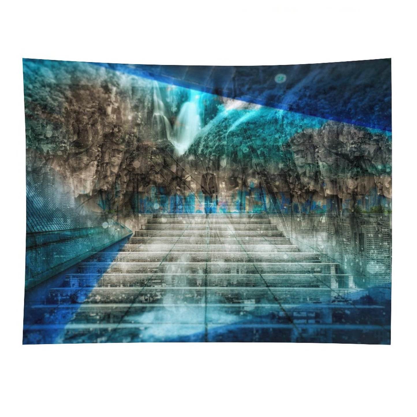 Distant Traveller psychedelic tapestry, a wide stair rising into a cavern with a waterfall and cold blue light overhead