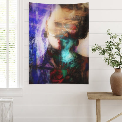 Quiet Weather psychedelic tapestry, a portrait with closed eyes double exposed with a rose in teal and crimson washes