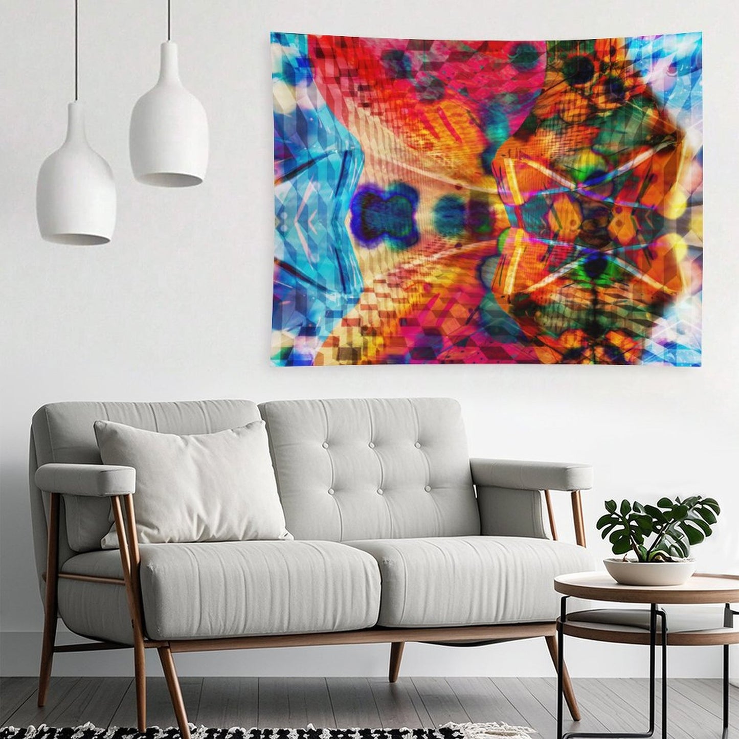 Split Wing psychedelic tapestry, kaleidoscopic symmetry split down the middle with hot orange against cold blue