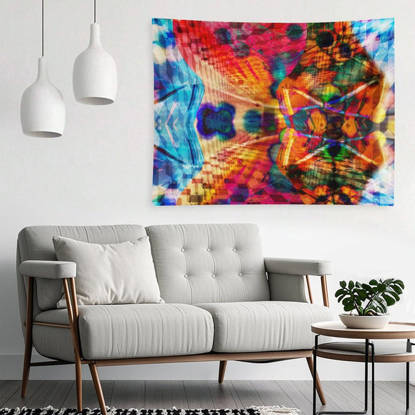 Split Wing psychedelic tapestry, kaleidoscopic symmetry split down the middle with hot orange against cold blue