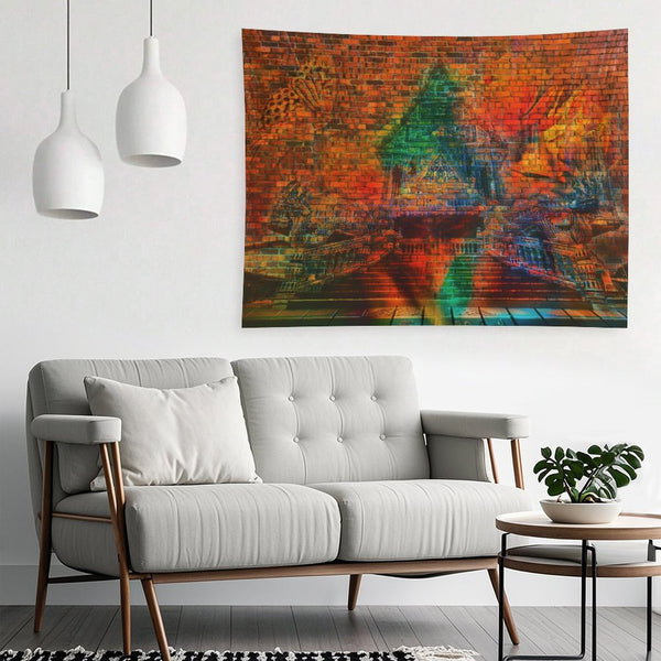 The Kiln psychedelic tapestry, a glowing triangular temple form set into a brick wall above a reflective floor