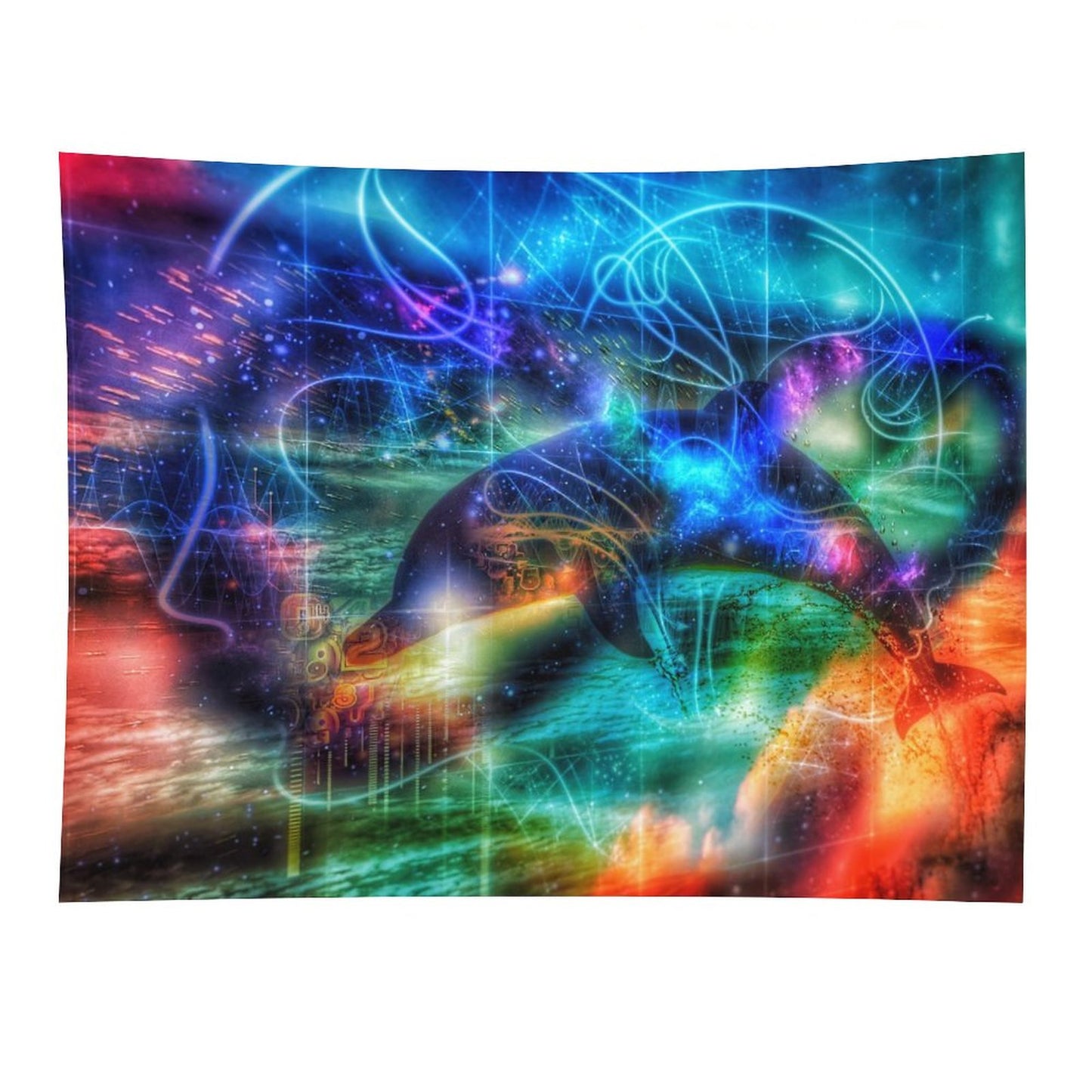 Tide Runner psychedelic tapestry, a dolphin mid leap through neon linework in teal and magenta