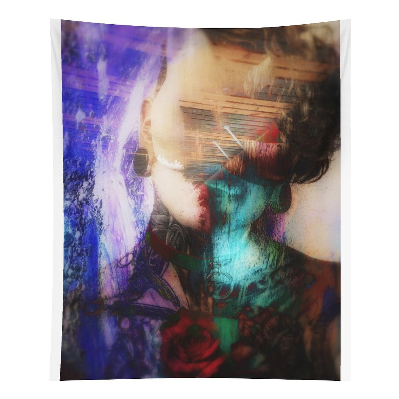 Quiet Weather psychedelic tapestry, a portrait with closed eyes double exposed with a rose in teal and crimson washes