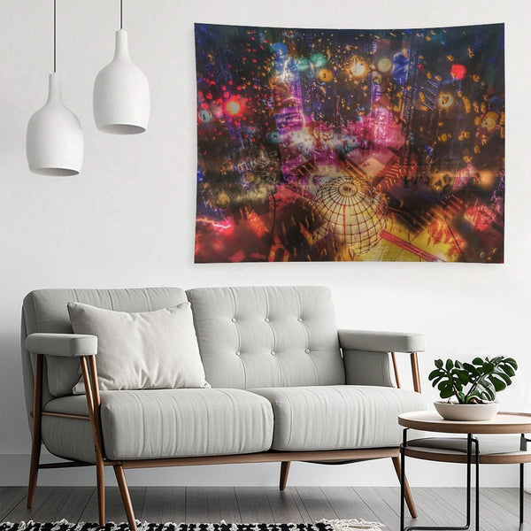 The Orrery psychedelic tapestry, a night city from above in warm bokeh with a brass armillary sphere across the foreground