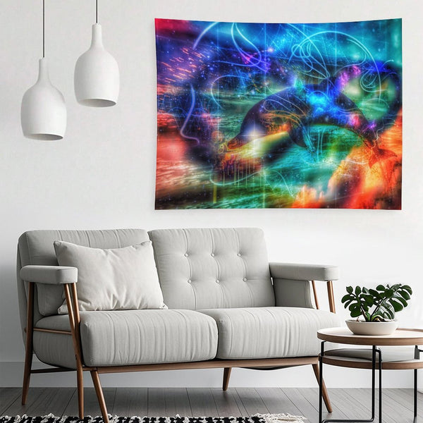 Tide Runner psychedelic tapestry, a dolphin mid leap through neon linework in teal and magenta