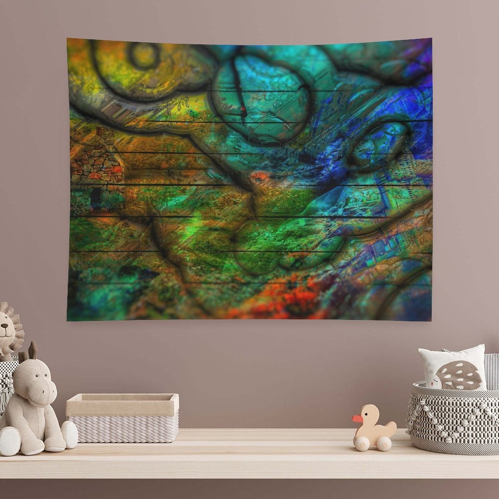 Strata Bloom psychedelic tapestry, cellular and geological strata in teal, ochre and green mapped like a cross section