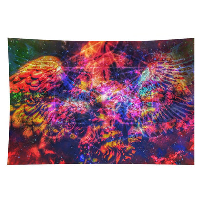 Ashwing psychedelic tapestry, a winged figure of fire and coral with wings spread against a deep starfield