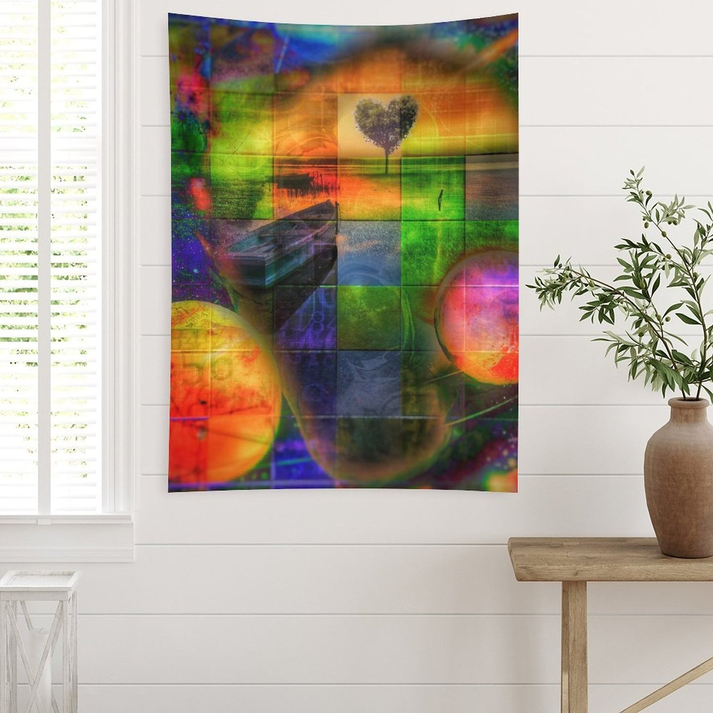 Heart Field psychedelic tapestry, a quilted grid of green and orange panels with a heart shaped tree and two planets