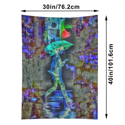 Rainy Days psychedelic tapestry, a figure with a teal umbrella crossing a flooded street over a collaged newsprint ground
