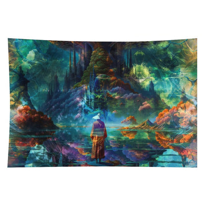 The Verdant Monolith psychedelic tapestry, a robed figure at still water beneath a vast tree with coral colored foliage