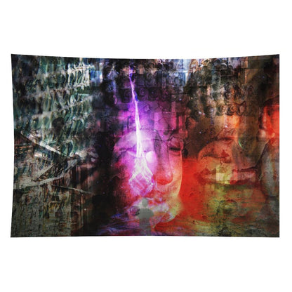 The Patient Fire psychedelic tapestry, layered stone faces with a magenta flame rising through the center