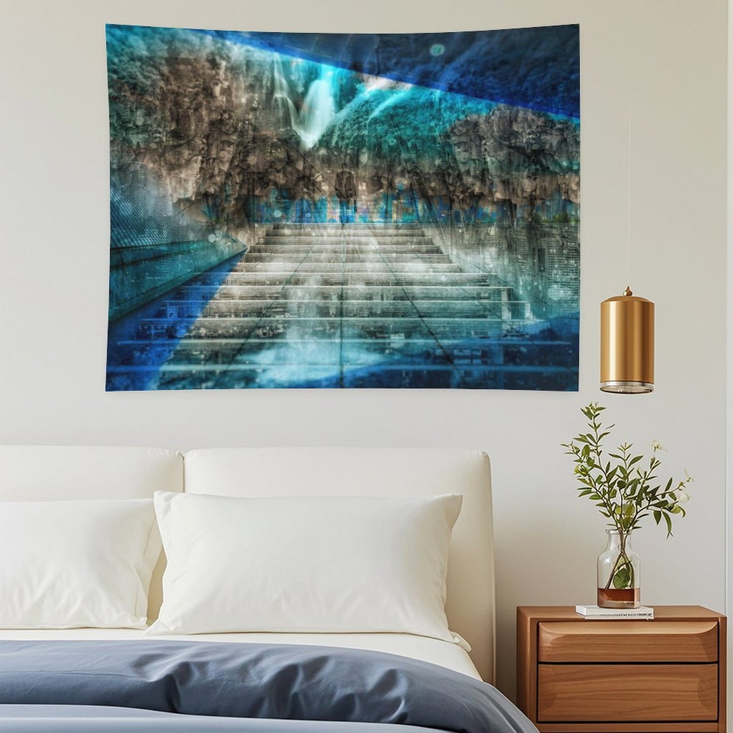 Distant Traveller psychedelic tapestry, a wide stair rising into a cavern with a waterfall and cold blue light overhead