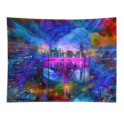 City of Threads psychedelic tapestry, a figure in a stone arch above a night city with constellation lines linking the lights