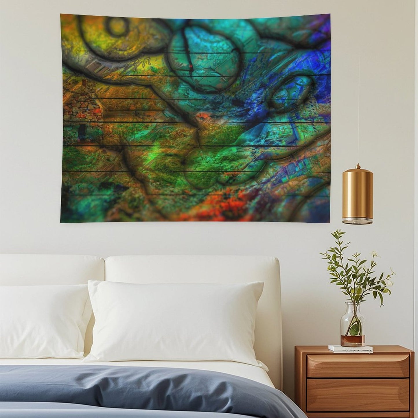 Strata Bloom psychedelic tapestry, cellular and geological strata in teal, ochre and green mapped like a cross section