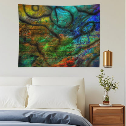Strata Bloom psychedelic tapestry, cellular and geological strata in teal, ochre and green mapped like a cross section