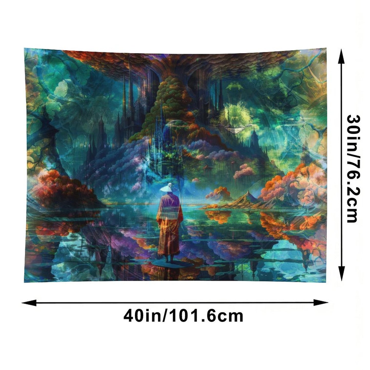 The Verdant Monolith psychedelic tapestry, a robed figure at still water beneath a vast tree with coral colored foliage