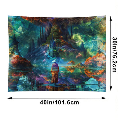 The Verdant Monolith psychedelic tapestry, a robed figure at still water beneath a vast tree with coral colored foliage