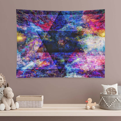 As Above psychedelic tapestry, interlocked hexagram geometry laid over a magenta and gold nebula