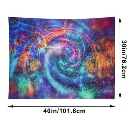 Twin Wardens psychedelic tapestry, a spiral galaxy vortex flanked by two golden maned guardians facing inward