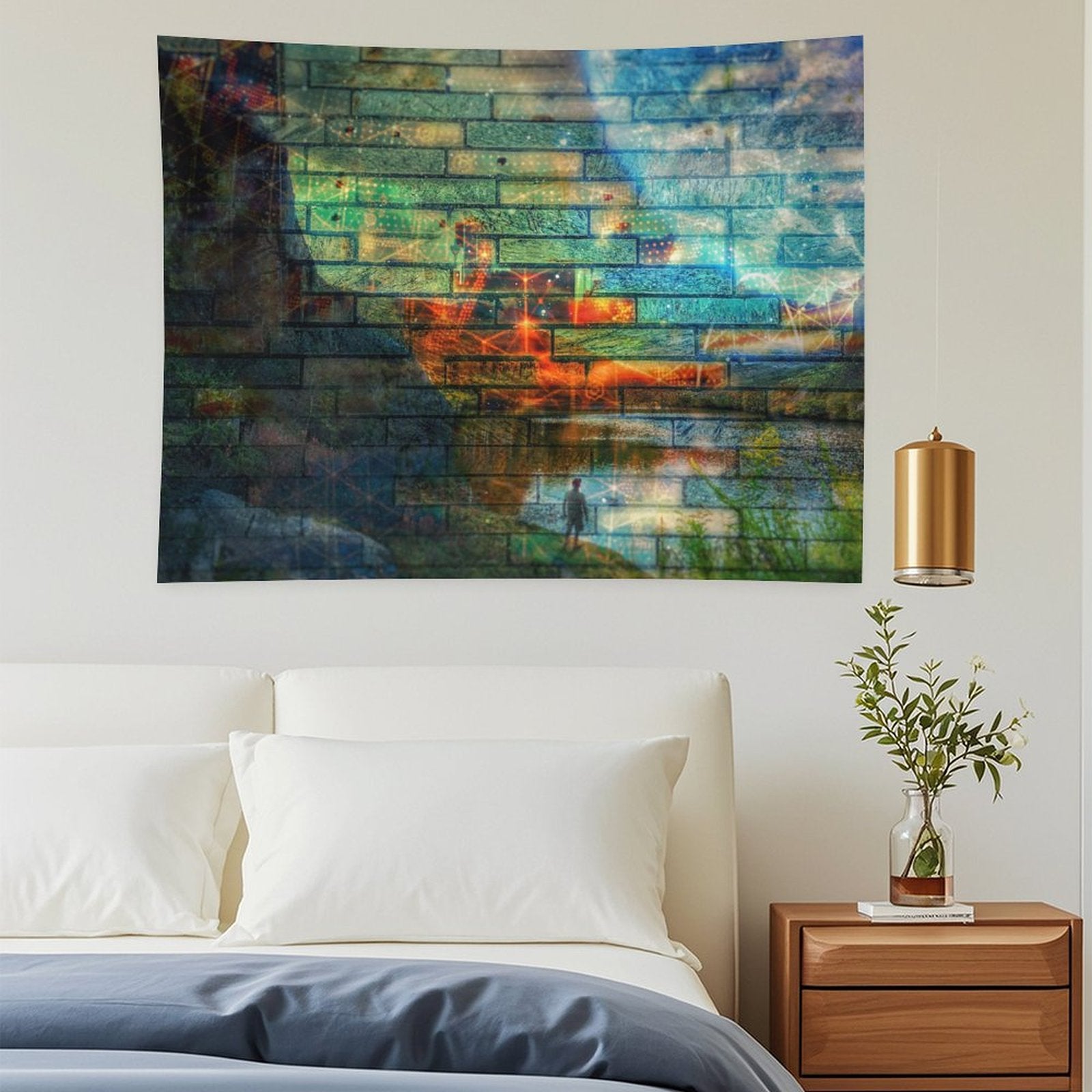 Wall of Days psychedelic tapestry, a long brick and stone wall with a glowing orange seam and one small figure at its base