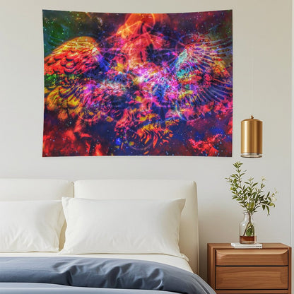 Ashwing psychedelic tapestry, a winged figure of fire and coral with wings spread against a deep starfield