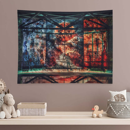 Our Shared Spaces psychedelic tapestry, a steel framed hall opening onto a red and blue starfield with one figure on the floor