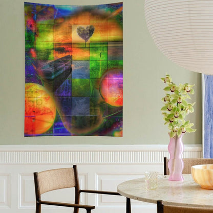 Heart Field psychedelic tapestry, a quilted grid of green and orange panels with a heart shaped tree and two planets