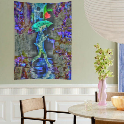 Rainy Days psychedelic tapestry, a figure with a teal umbrella crossing a flooded street over a collaged newsprint ground