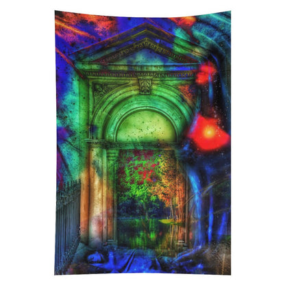 Threshold of Moss psychedelic tapestry, a stone archway lit green from within with overgrowth spilling through the opening