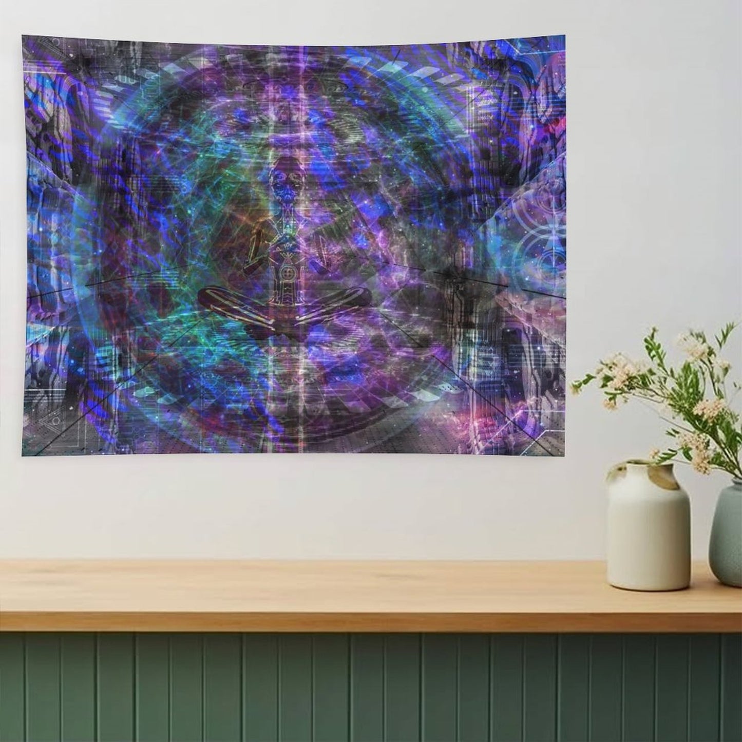 Still Point psychedelic tapestry, a seated figure at the center of a vast concentric mandala drawn like a blueprint