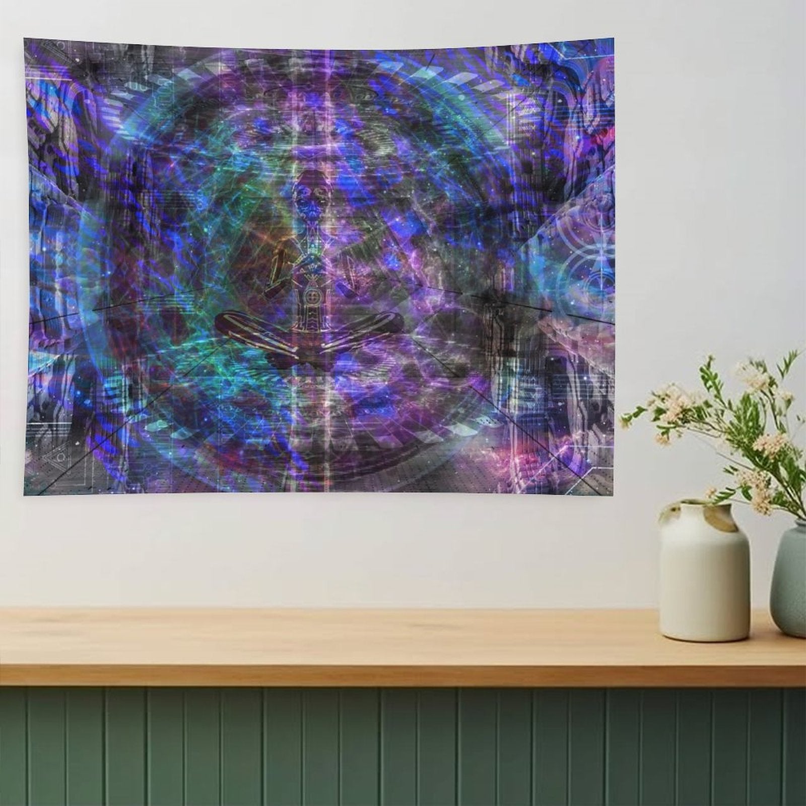 Still Point psychedelic tapestry, a seated figure at the center of a vast concentric mandala drawn like a blueprint