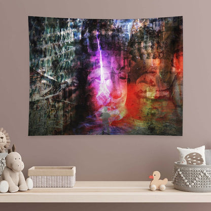 The Patient Fire psychedelic tapestry, layered stone faces with a magenta flame rising through the center