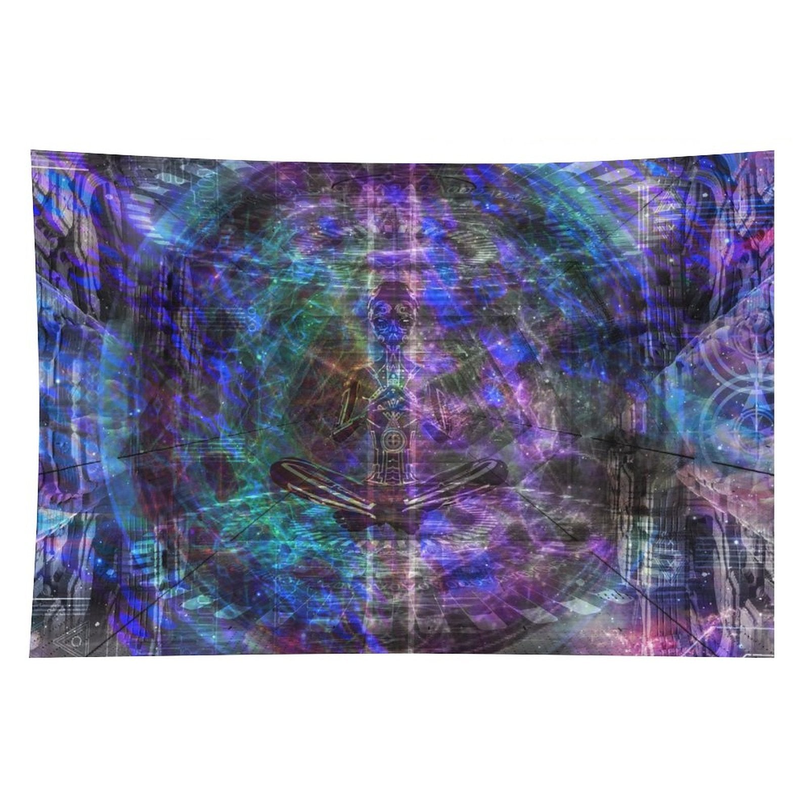 Still Point psychedelic tapestry, a seated figure at the center of a vast concentric mandala drawn like a blueprint